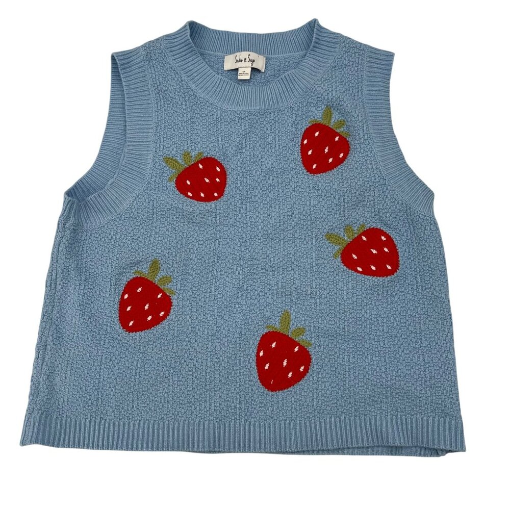 Sadie & Sage Blue Knit‎ Strawberry Sleeveless Sweater Top S/P Womens